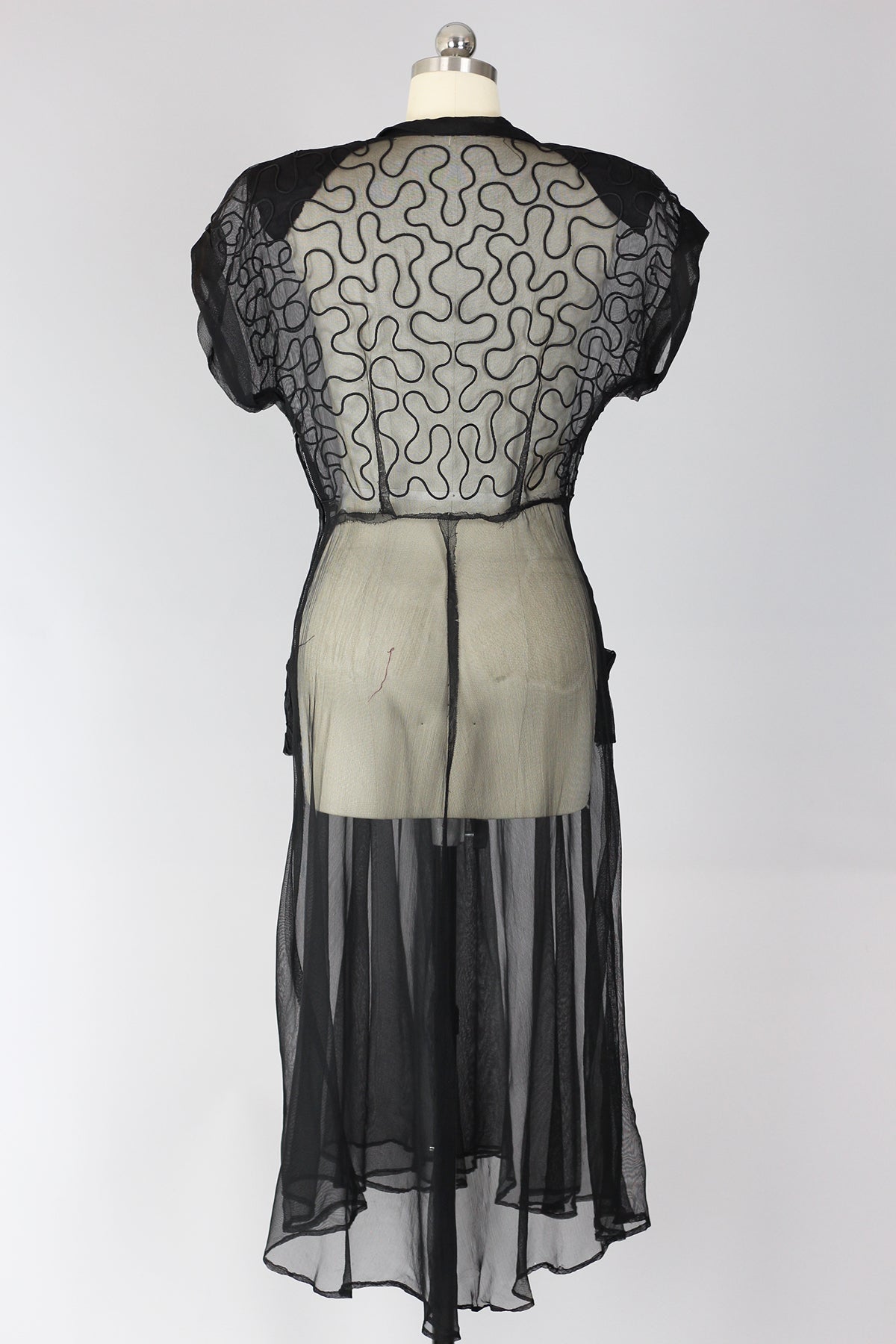 Rare 1940s Black Sheer Tulle Dress with Soutache Detail