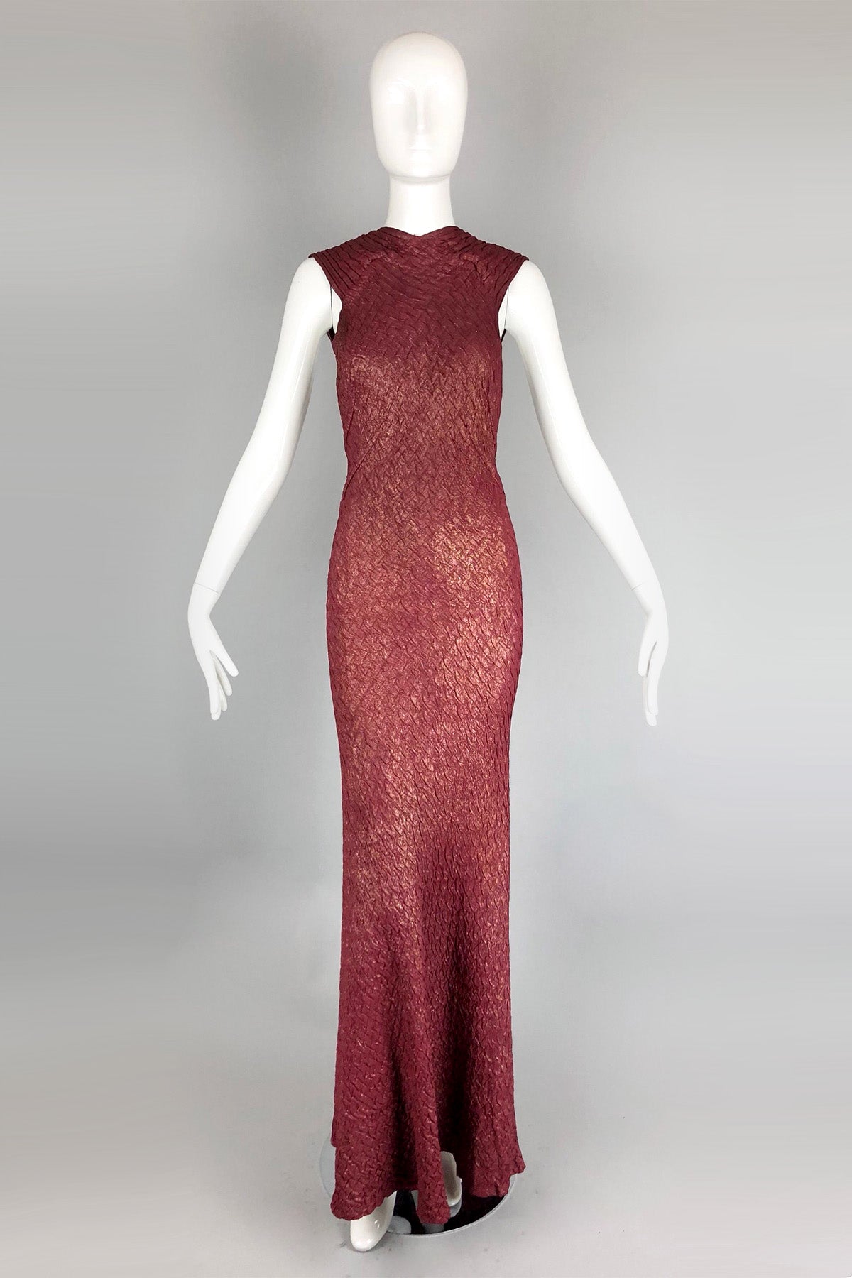 Rare! 1930s Bias Cut Plum and Gold Lamé Old Hollywood Gown with Low Back and Buttons