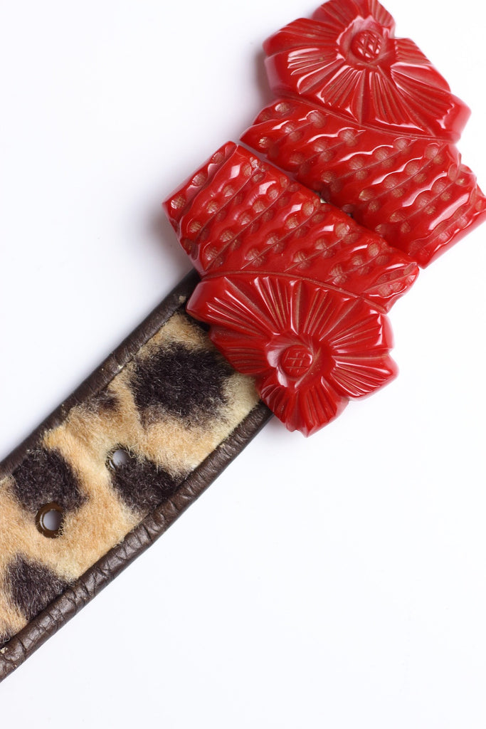 1930s Art Deco Carved Red Bakelite Flower Belt Buckle Two Piece