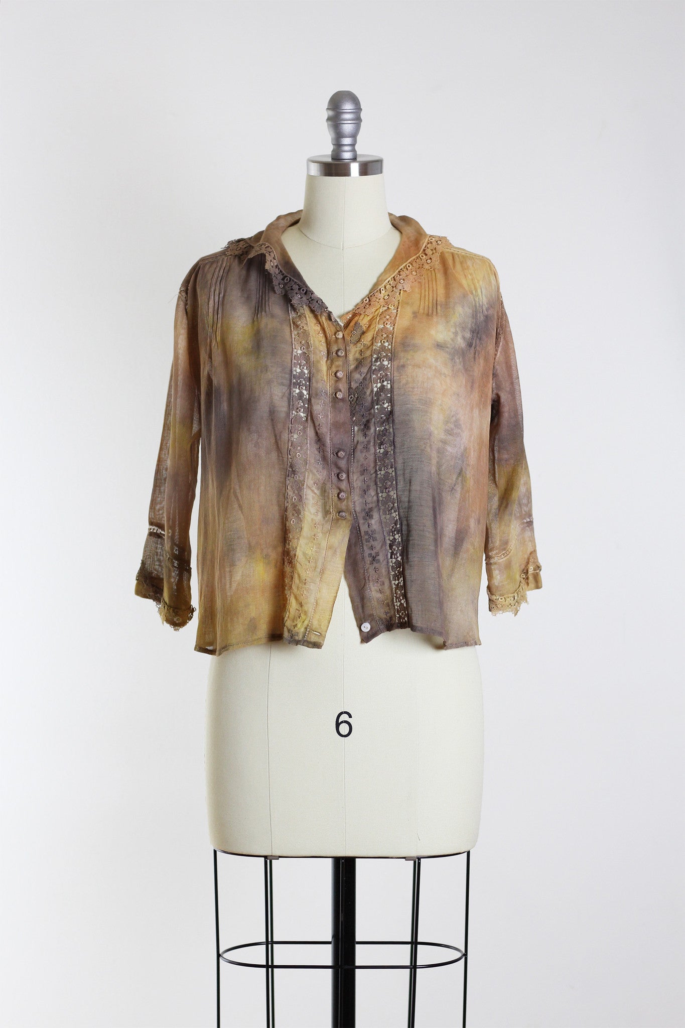 Tie-Dyed Edwardian Linen & Lace Top in Yellow & Grey