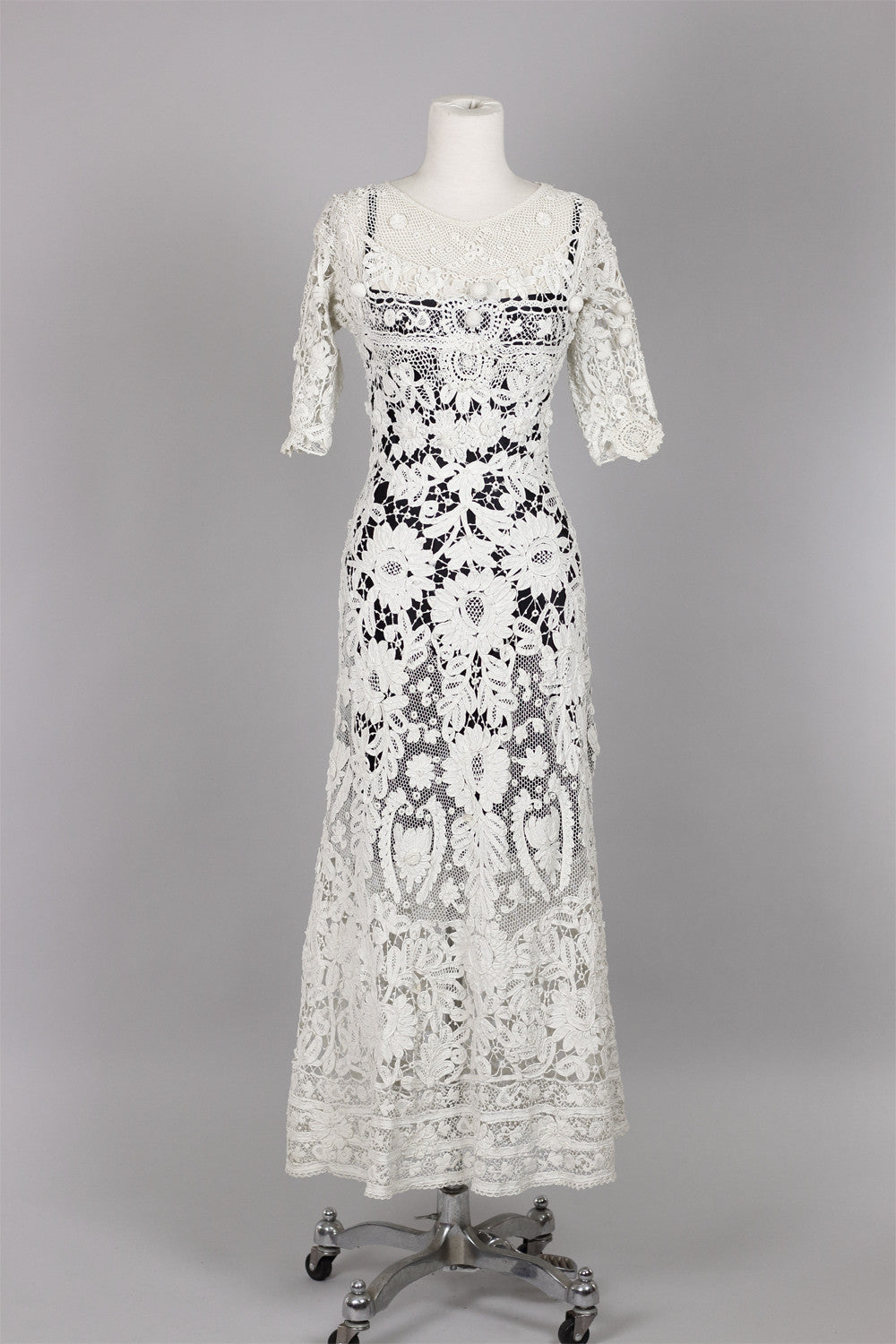 Edwardian Antique White Irish Lace & Crochet Gown