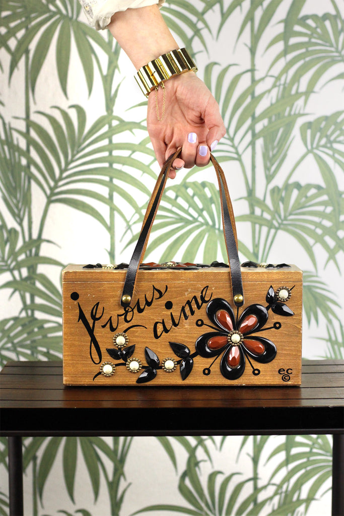 Rare Enid Collins 'Je Vous Aime' Wooden Box Purse 1960s