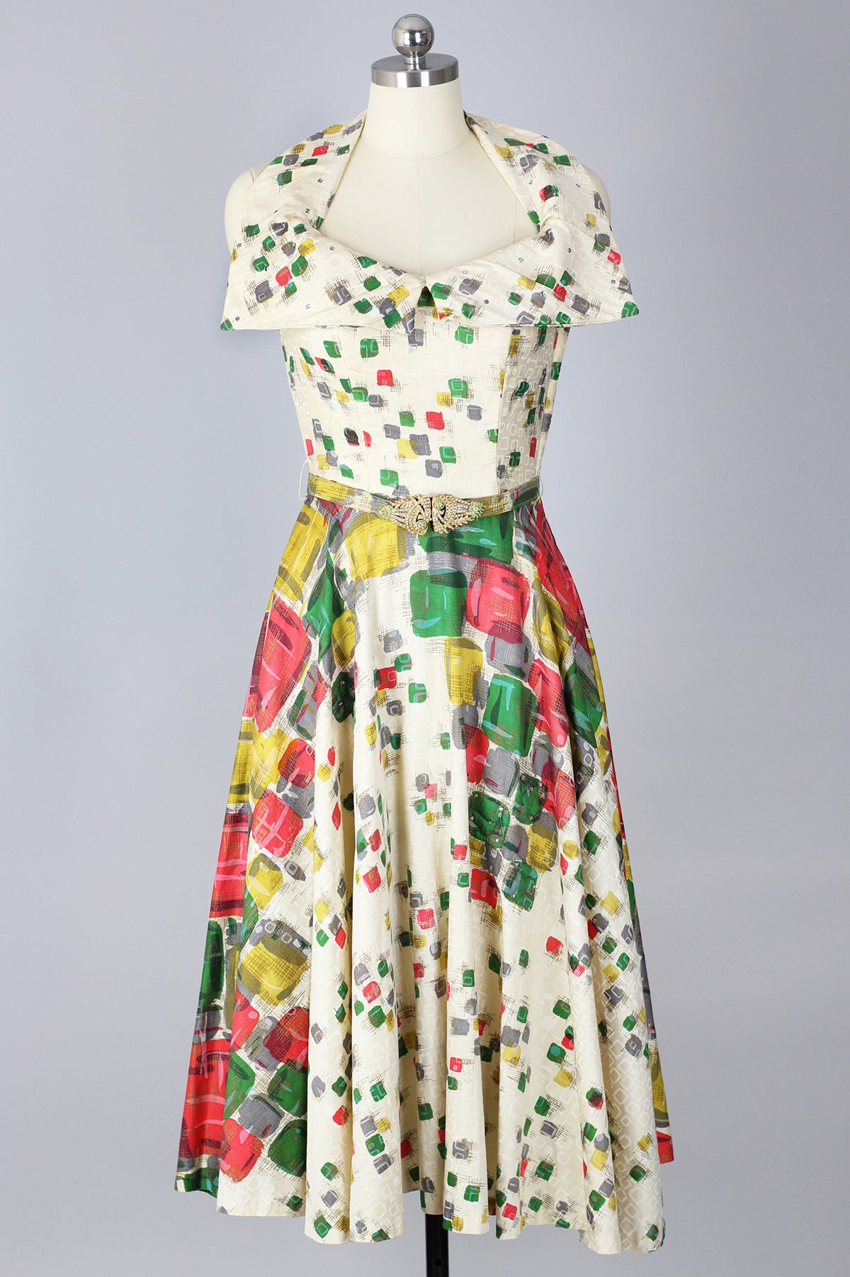 RARE! Incredible 1950s Halter Dress with Graphic Print & Rhinestones