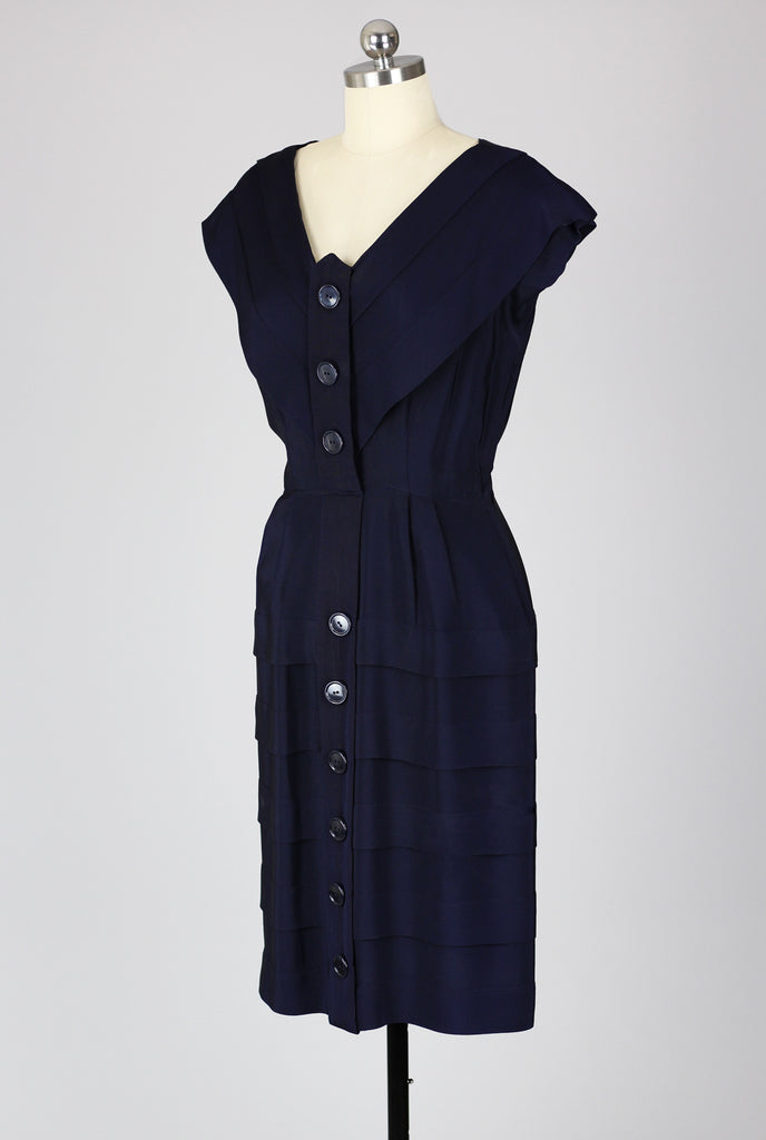 Perfect Fitted 1940s Silky Rayon Crepe Navy Day Dress