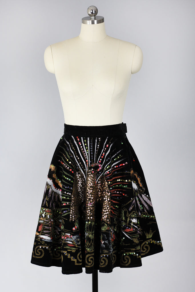 Vintage 1950s Hand Painted Velvet Mexican Circle Skirt with Sequins