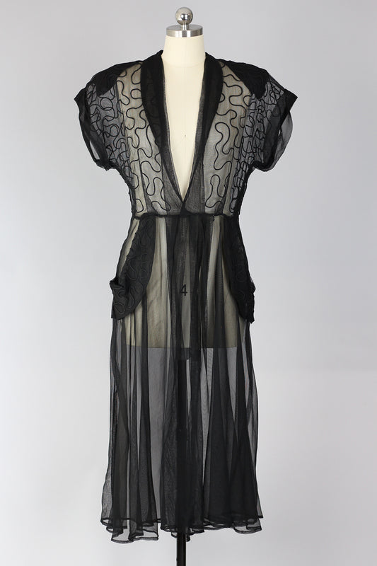 Rare 1940s Black Sheer Tulle Dress with Soutache Detail