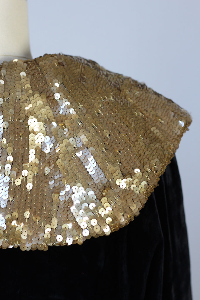 Dazzling 1920s Silk Velvet Opera Coat with Gold Sequin Collar