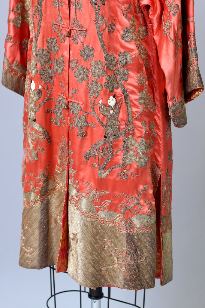 1920s Heavily Embroidered Coral Satin Metallic Chinese Robe