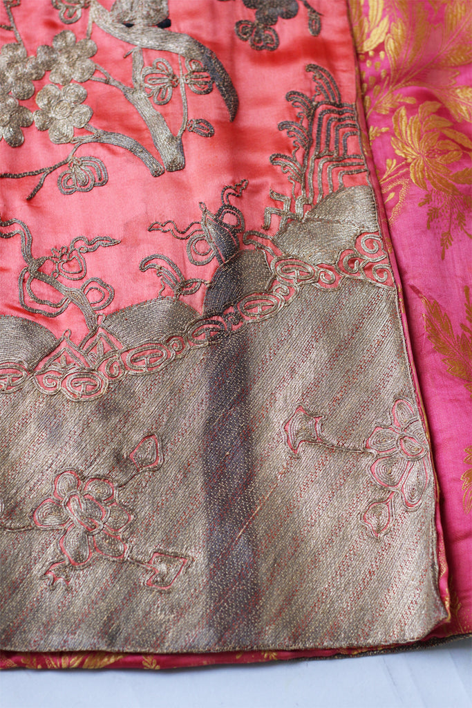 1920s Heavily Embroidered Coral Satin Metallic Chinese Robe