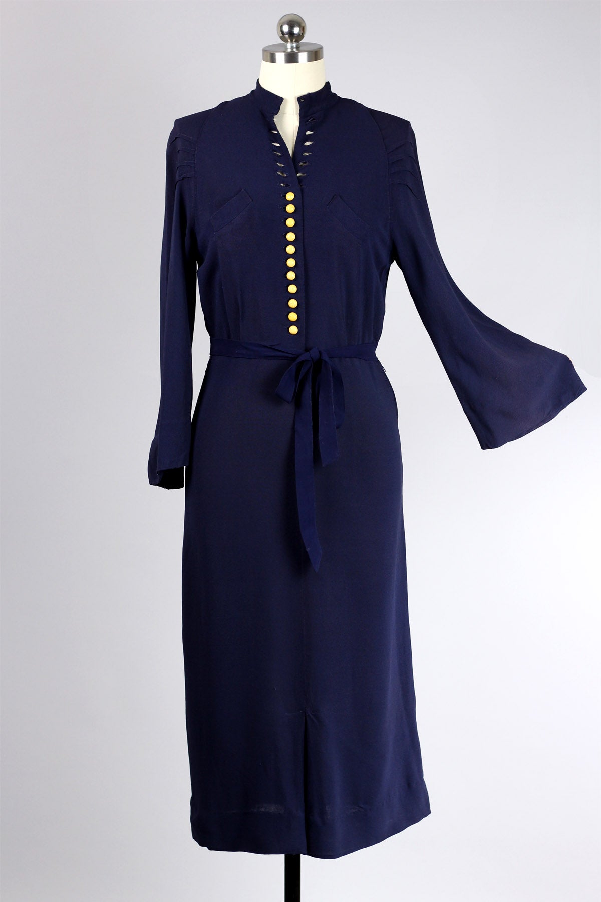 Rare 1930s-40s Navy Crepe Dress with Yellow Bakelite Buttons
