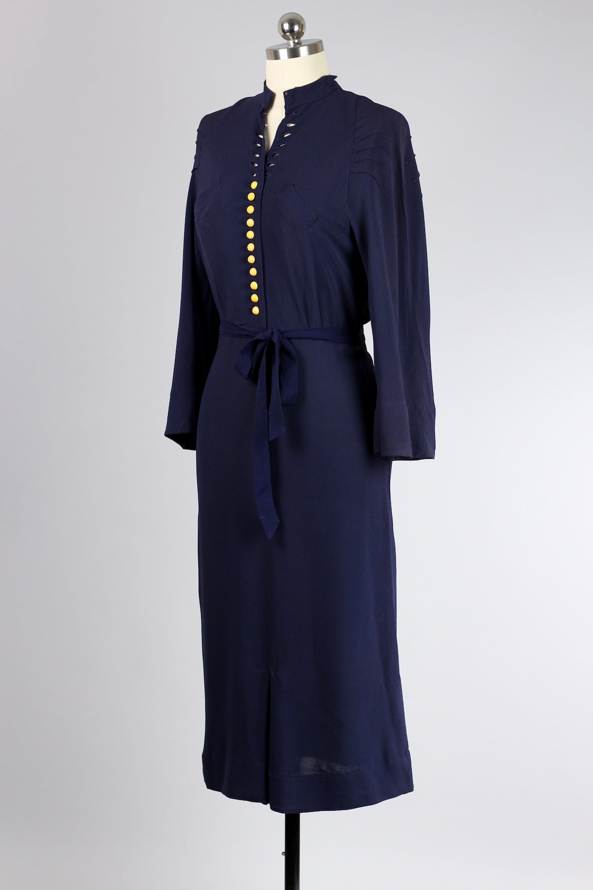 Rare 1930s-40s Navy Crepe Dress with Yellow Bakelite Buttons
