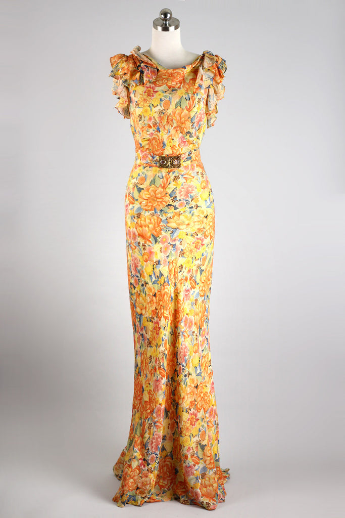 Stunning 1930s Rare Floral Silk Organza Gown with Fishtail Hem
