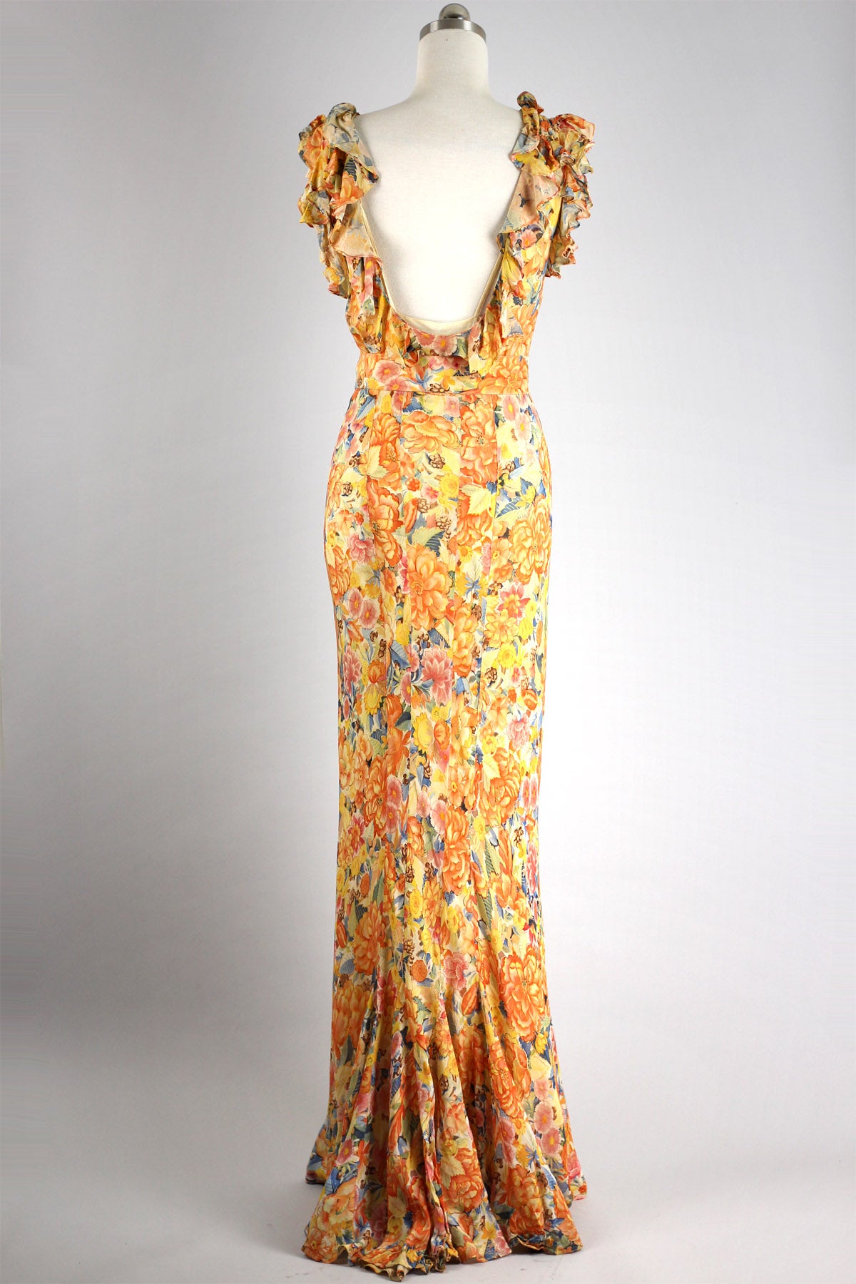 Stunning 1930s Rare Floral Silk Organza Gown with Fishtail Hem
