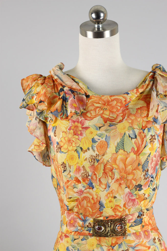 Stunning 1930s Rare Floral Silk Organza Gown with Fishtail Hem