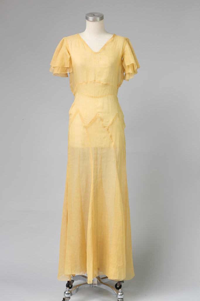 Stunning Art Deco 1930s Cotton Organza Lawn Party Dress in Yellow