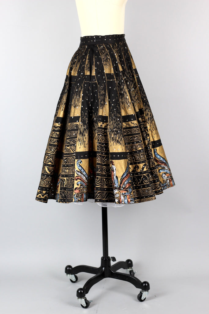 Rare 1940s 50s Hand Painted Metallic Mexican Circle Skirt