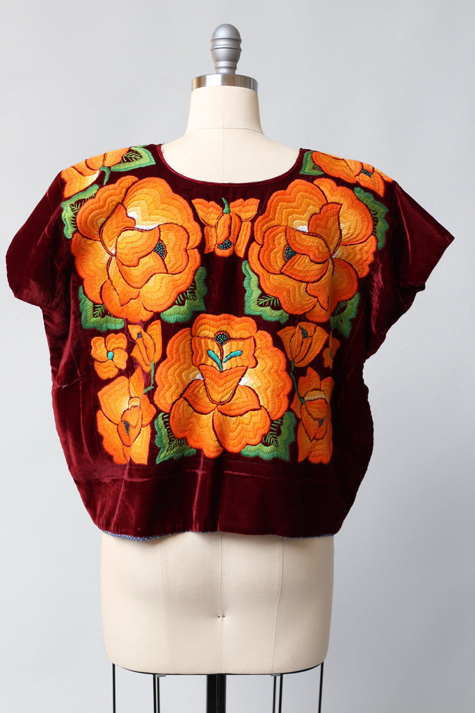 Rare 1940s-50s Tehuantepec Mexico Embroidered Huipil Blouse Rust