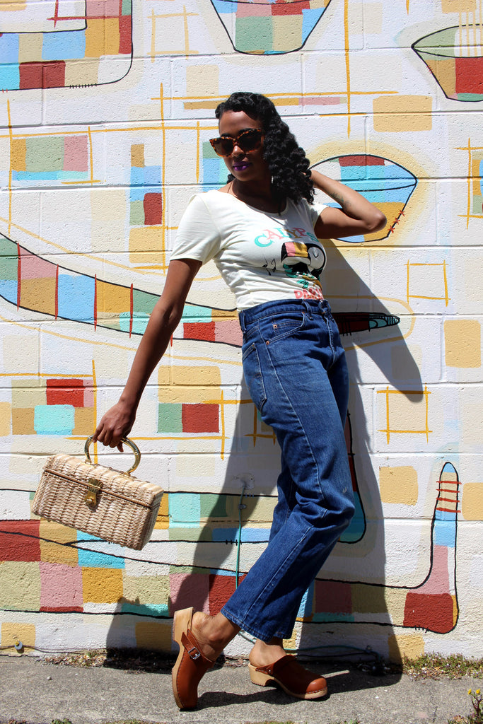 Vintage Bamboo Gold Top Handle Straw Box Bag