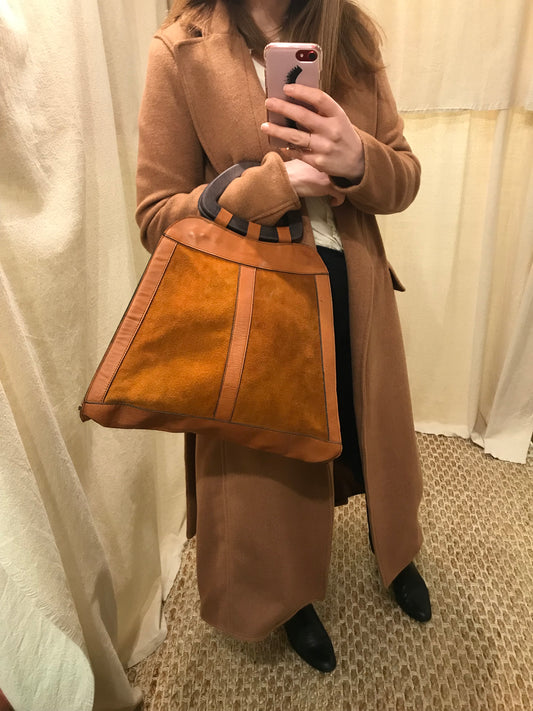 Vintage 70s Wooden Top Handle Suede Bag
