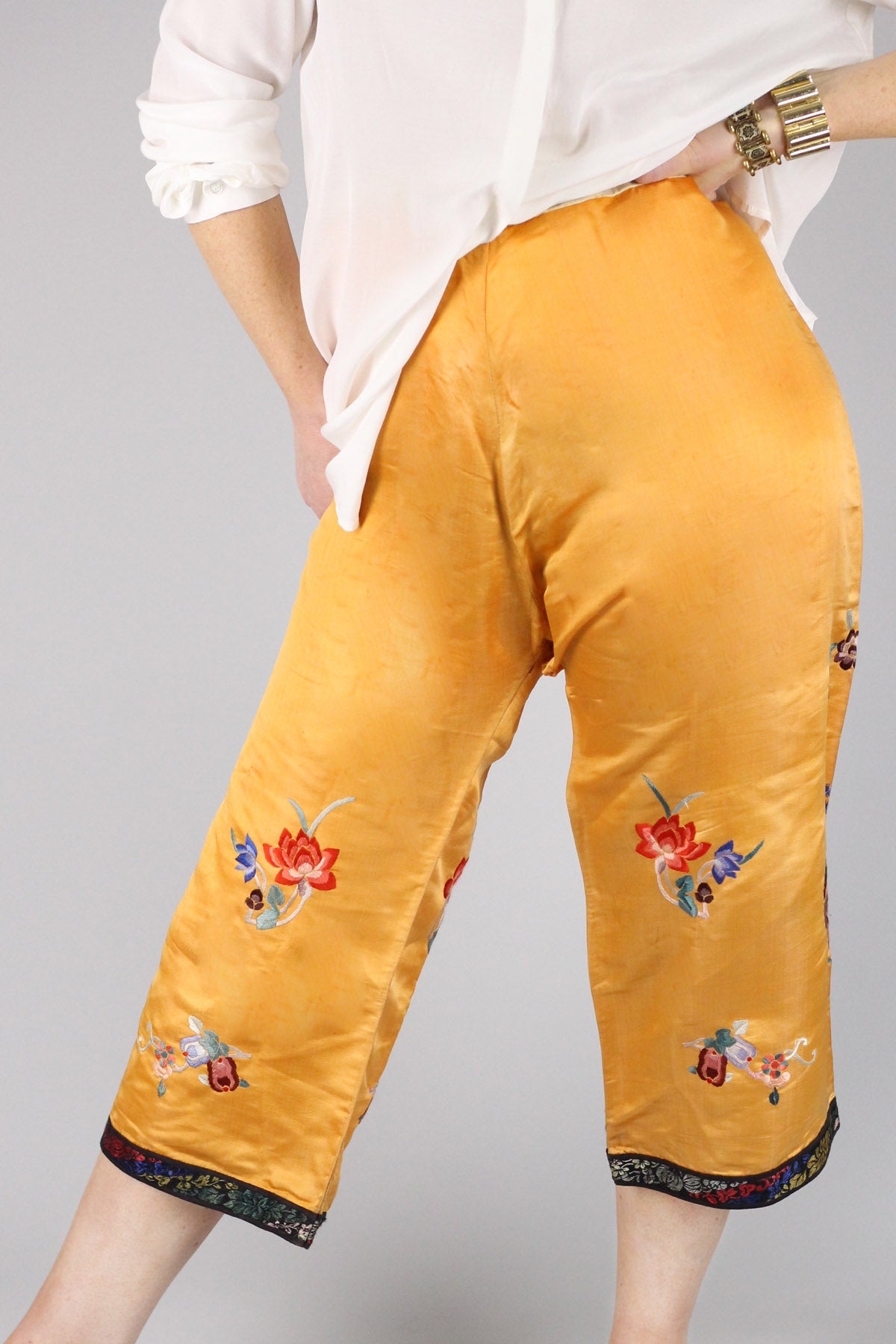 Rare Antique Peach Salmon Embroidered Chinese Pajama Pants