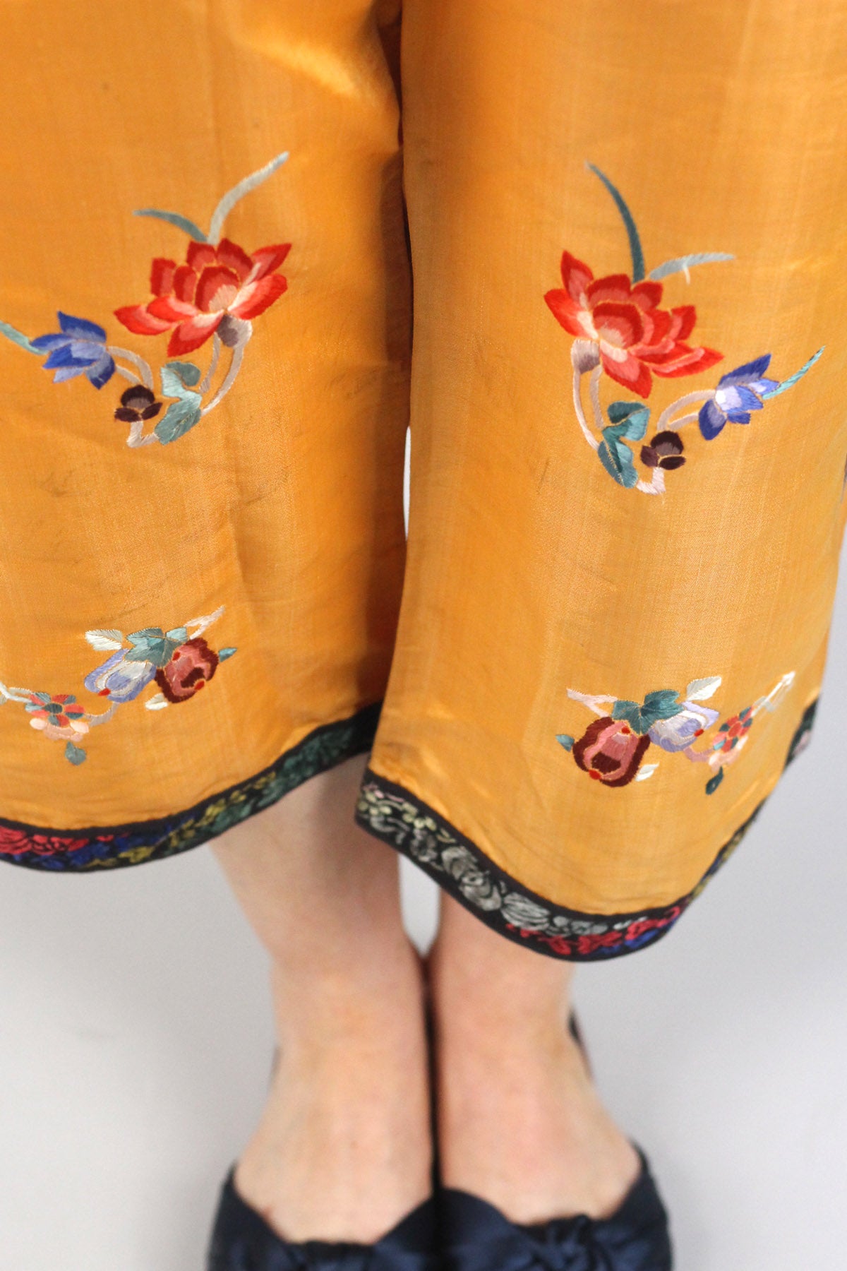 Rare Antique Peach Salmon Embroidered Chinese Pajama Pants