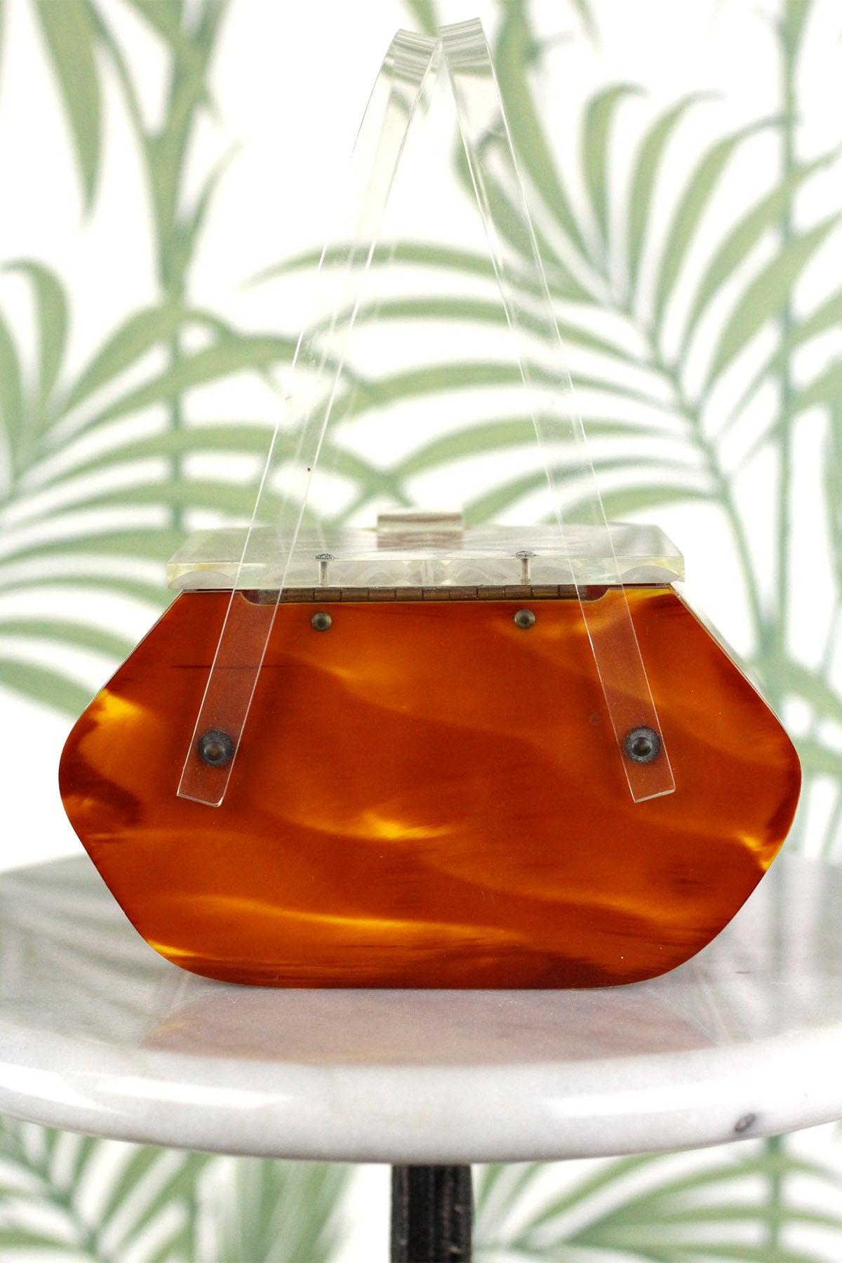 Stunning Rare Hand Carved Tortoise Shell and Clear Lucite 1950s Purse