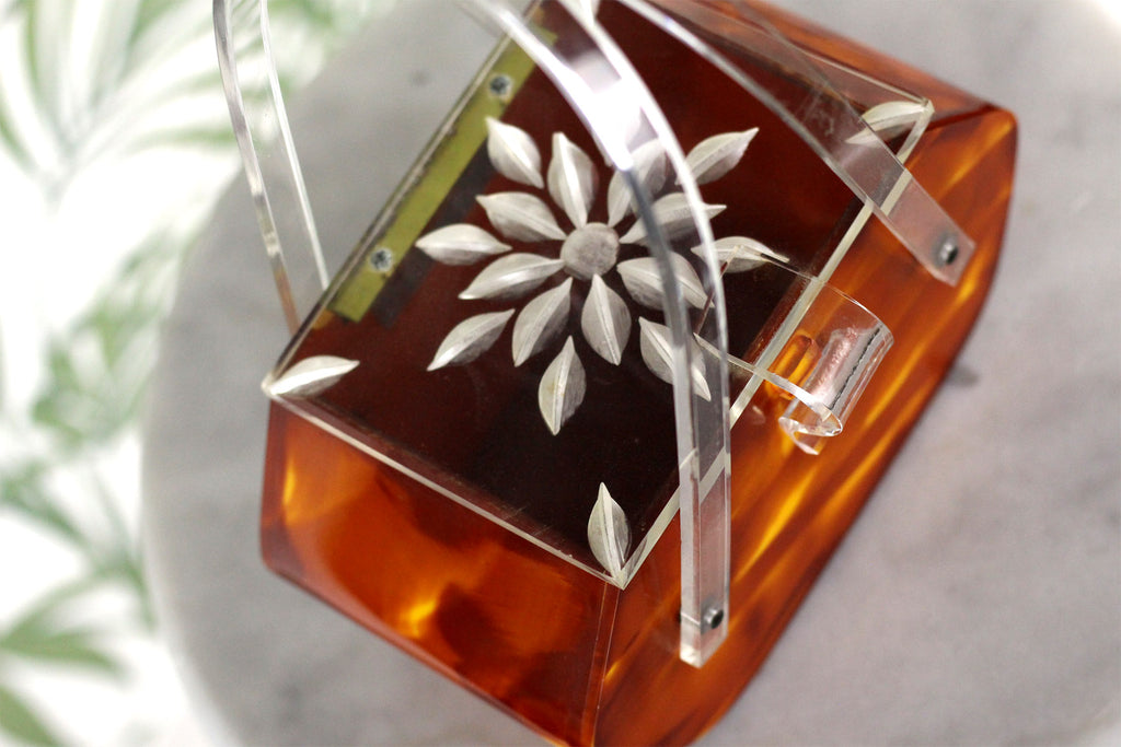 Stunning Rare Hand Carved Tortoise Shell and Clear Lucite 1950s Purse