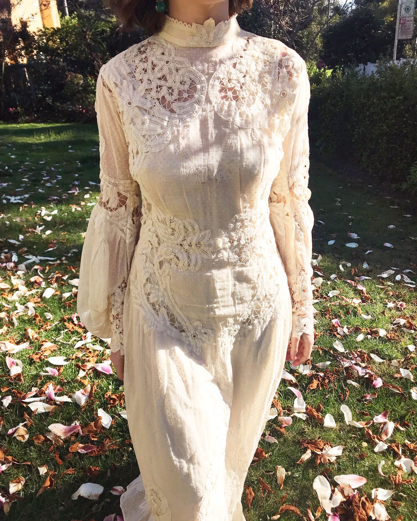 Incredible Antique Battenberg and Swiss Dot Lace Wedding Gown