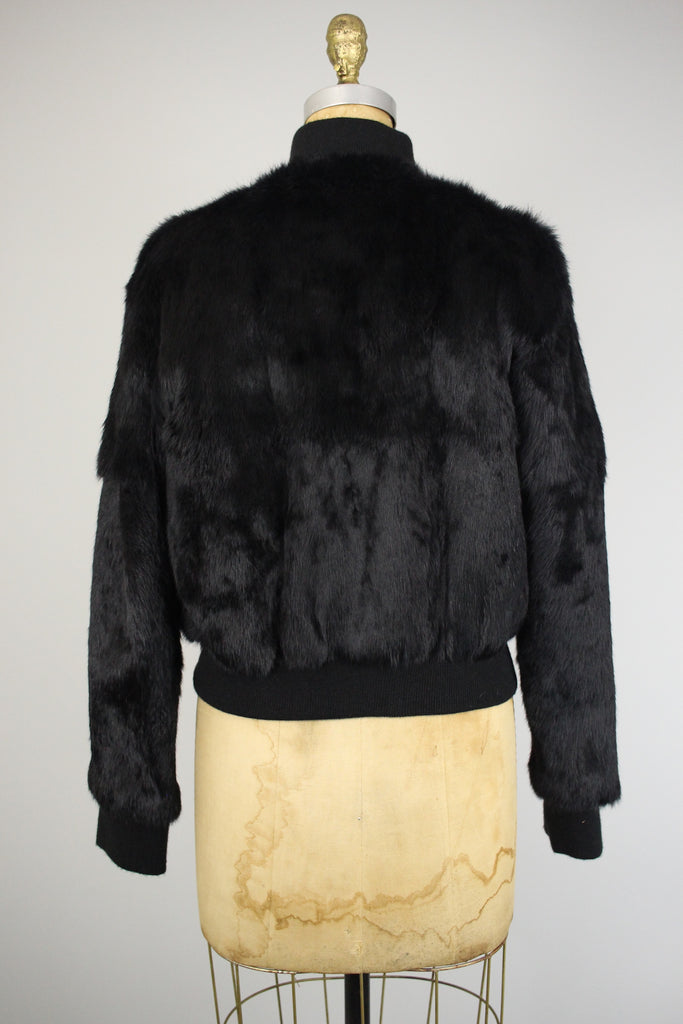 Vintage Black Rabbit Fur Bomber Jacket with Leather Detail