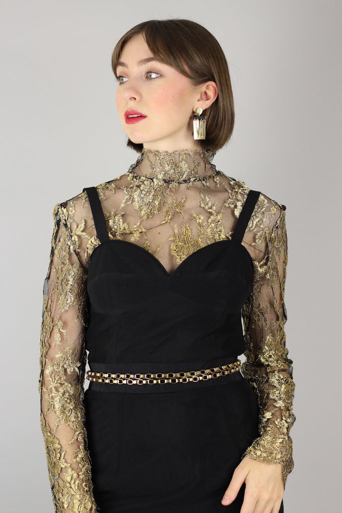 Vintage Metallic Lace Long Sleeve Mesh Top - Handmade in Italy