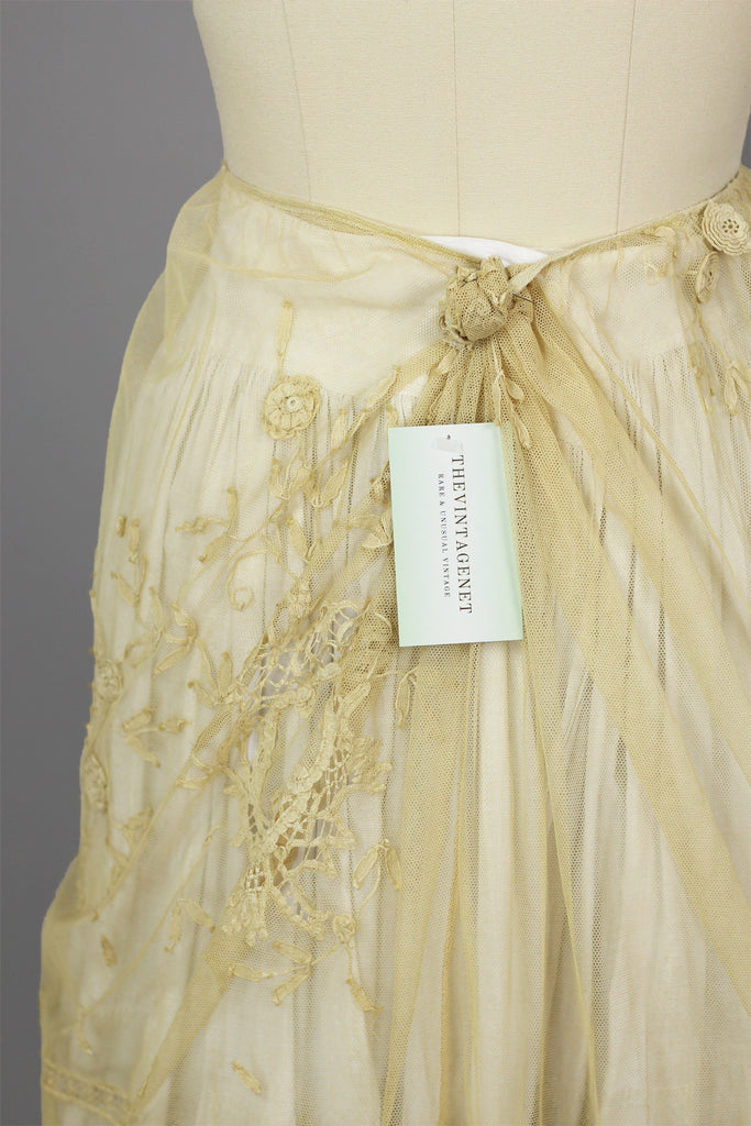 Tea-Dyed Antique Tulle Skirt with French Tambour Embroidery by Bonnie Strauss