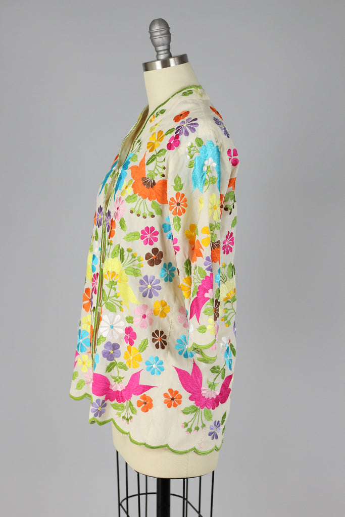 Bright Florals 1960s Embroidered Asian Style Blouse