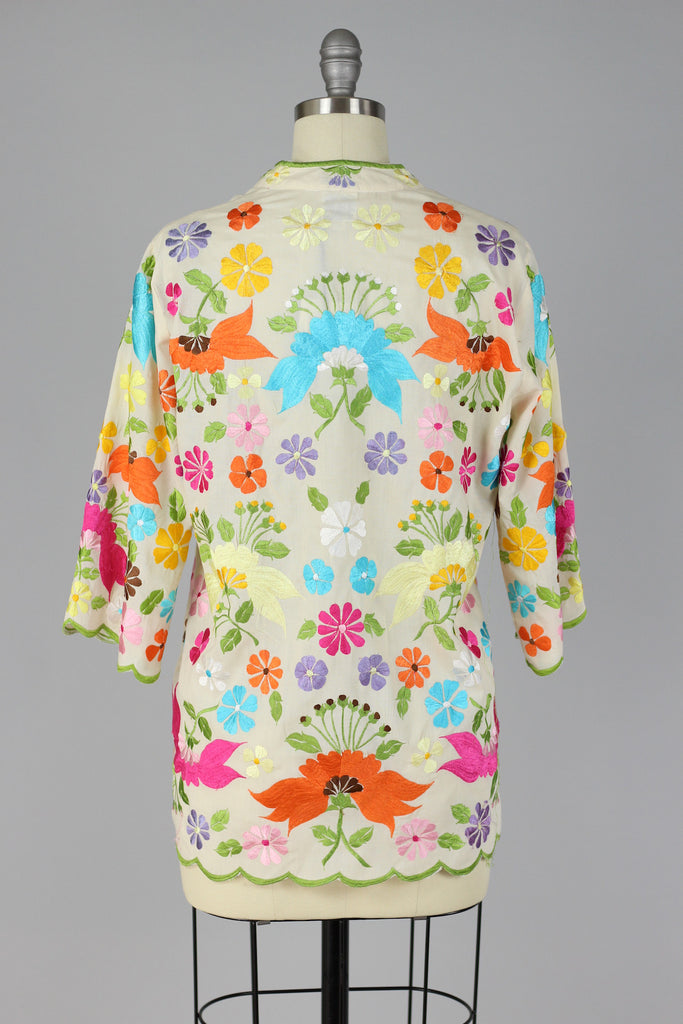 Bright Florals 1960s Embroidered Asian Style Blouse