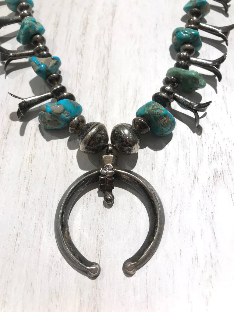 Rare 1940s Coin Silver & Turquoise Navajo Squash Blossom Necklace