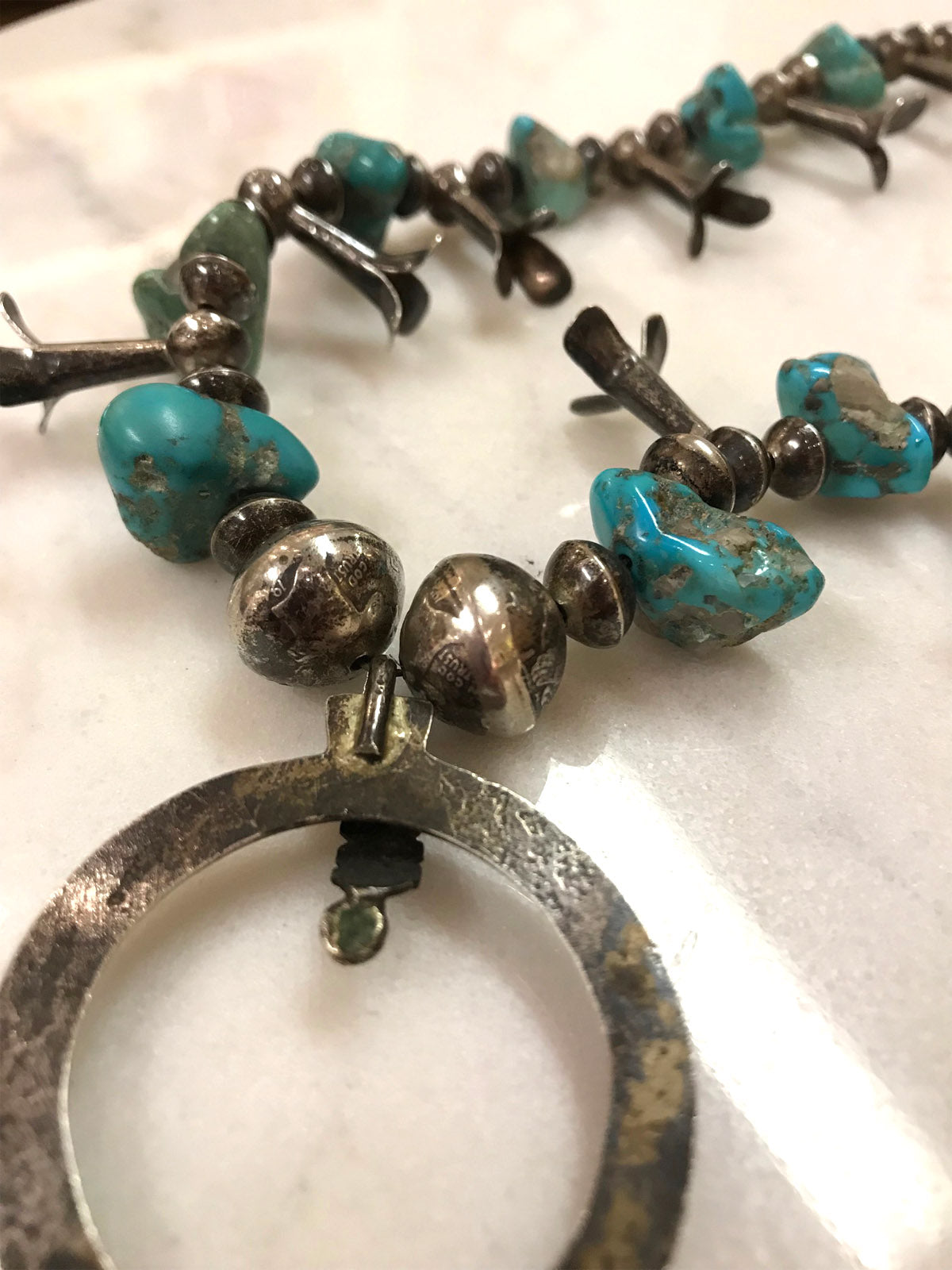 Rare 1940s Coin Silver & Turquoise Navajo Squash Blossom Necklace