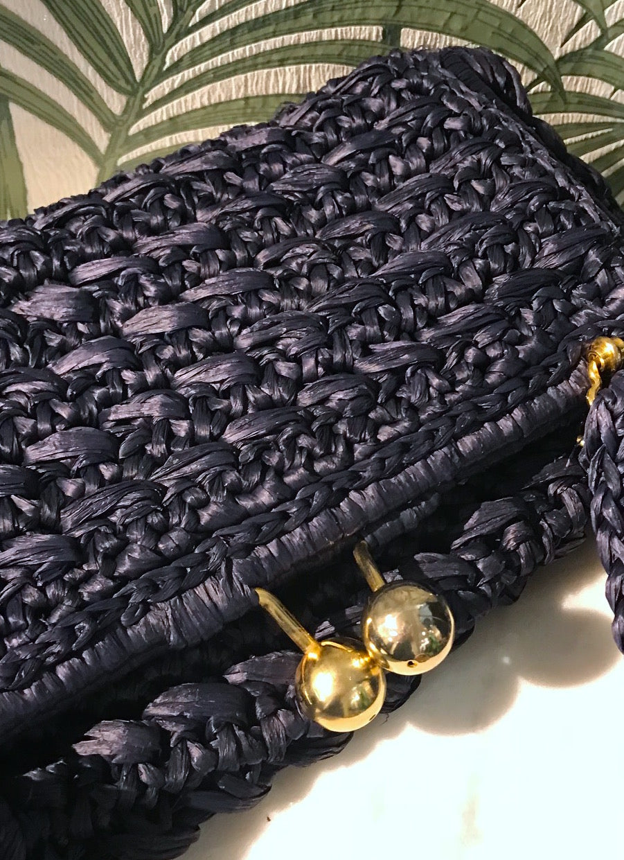 Vintage 1960s-70s Navy Straw Bag with Gold Ball Clasp