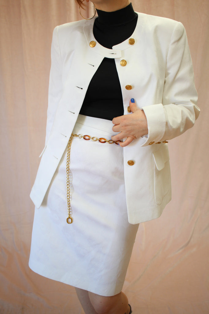 Louis Feraud Tan & White Jacket and Skirt Size 12 – Vintage Vogue
