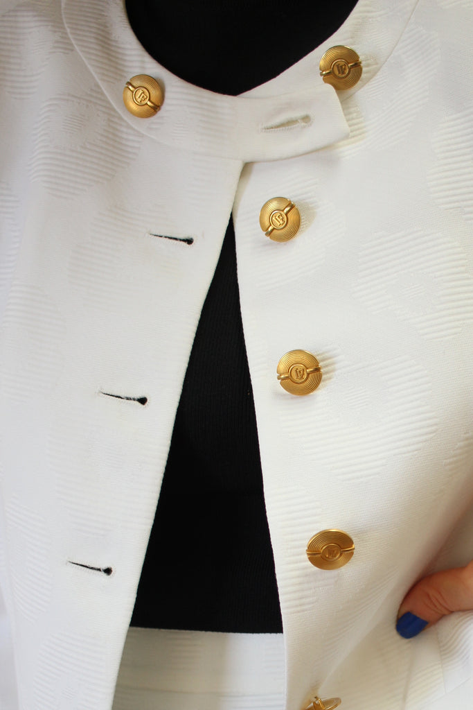 Vintage Louis Feraud Navy Blue & White Polka Dot Skirt Top & Jacket Suit