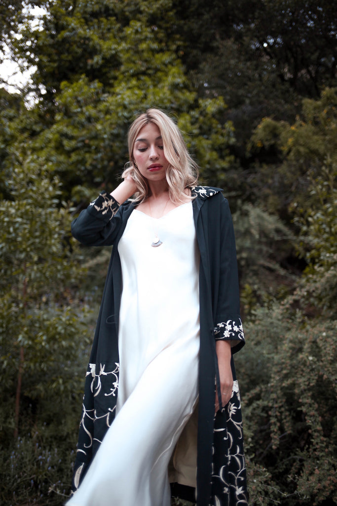 1920s Black and White Silk Embroidered Duster Coat