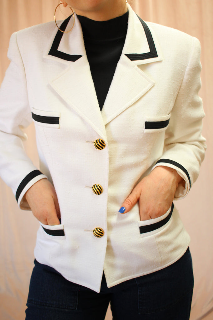 Carlisle Made in France White Chanel Inspired Jacket | Black Trim