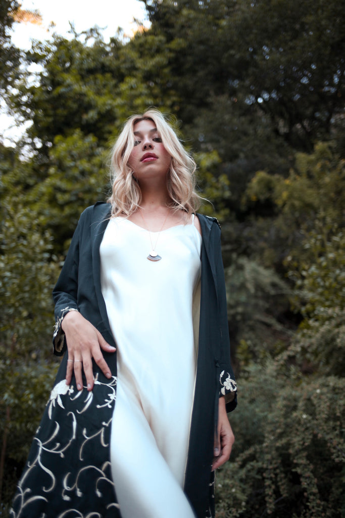 1920s Black and White Silk Embroidered Duster Coat