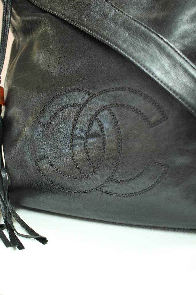 Chanel Vintage Chanel Large CC Logo Black Lambskin Leather Shopping