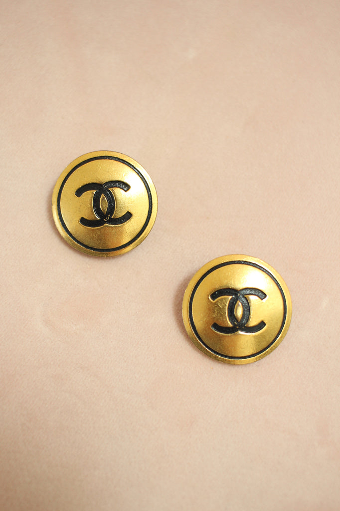 Chanel CC Logo Black & Gold Vintage Earrings