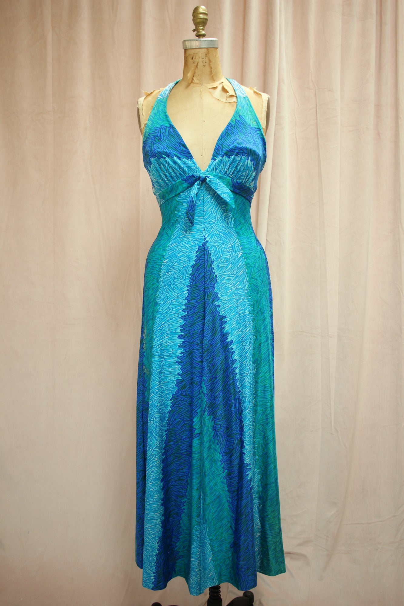 Ocean Waves Dress | 70s Halter Maxi Dress