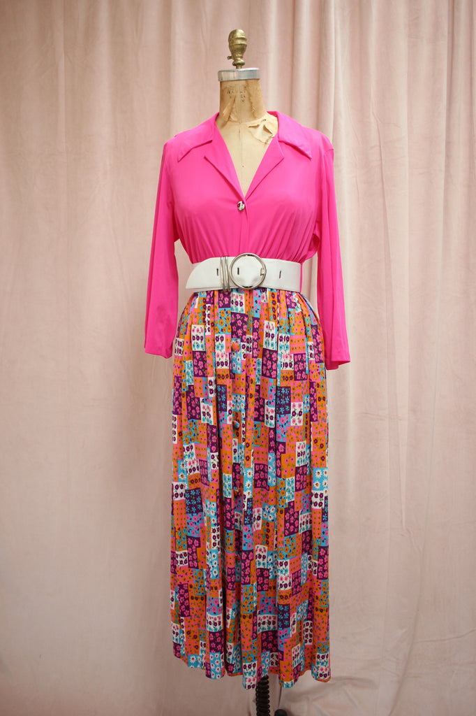 Patchwork Print 60s Hot Pink Dress