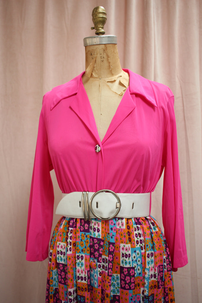 Patchwork Print 60s Hot Pink Dress