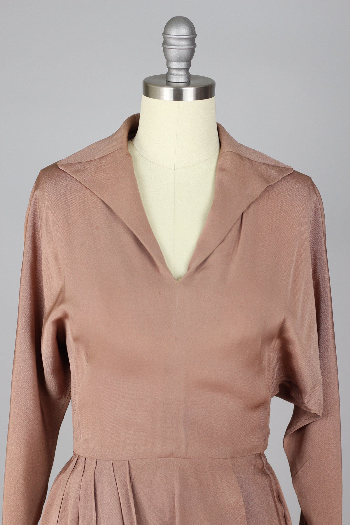 Exquisite 1940s to 1950s Rose Taupe Draped Rayon Crepe Cocktail Dress