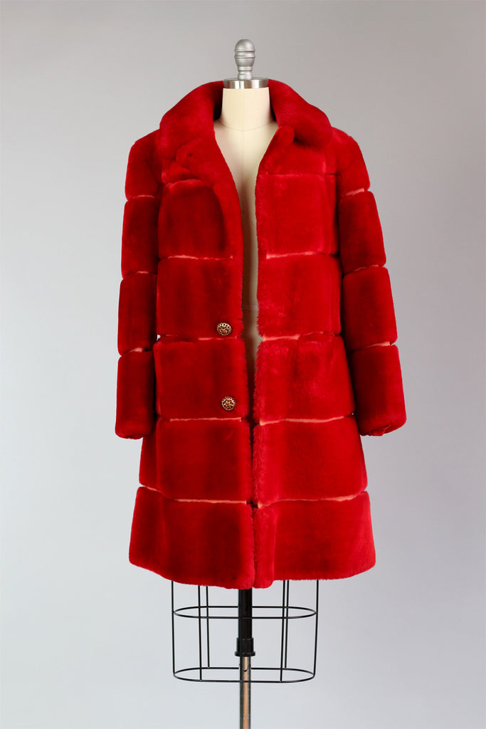 Rare 1950s Statement Red Genuine Mouton Fur Coat