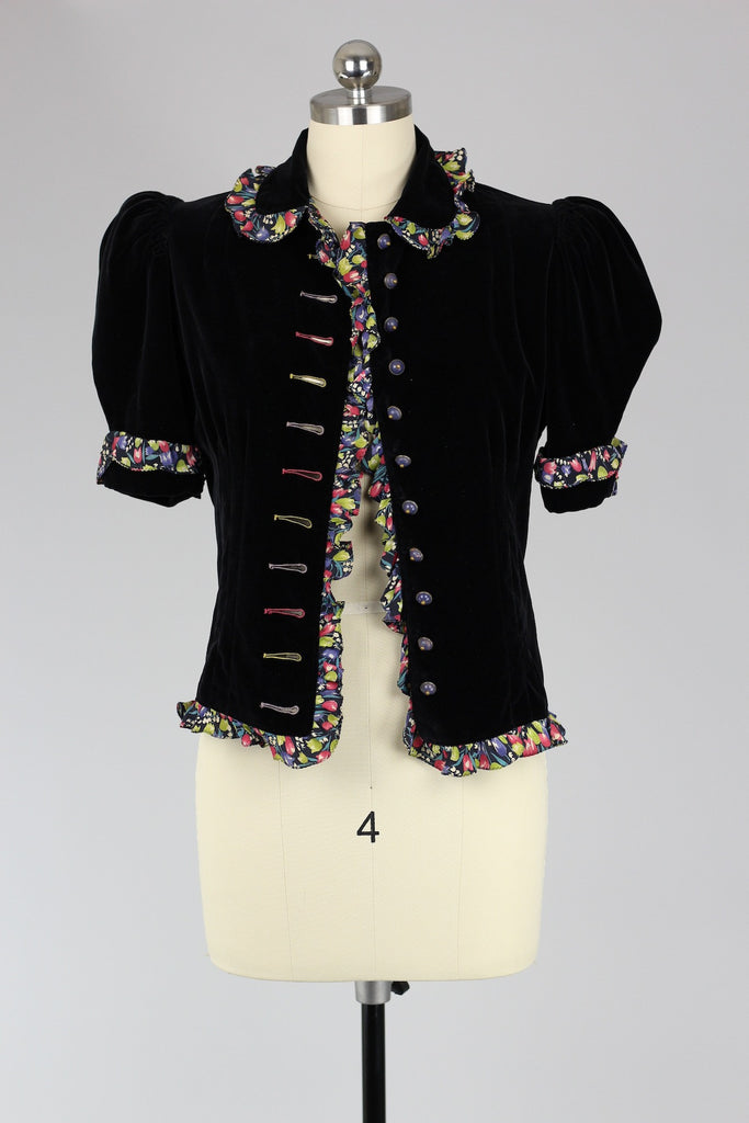 1940s Velveteen Jacket Top with Novelty Print Silk Detail
