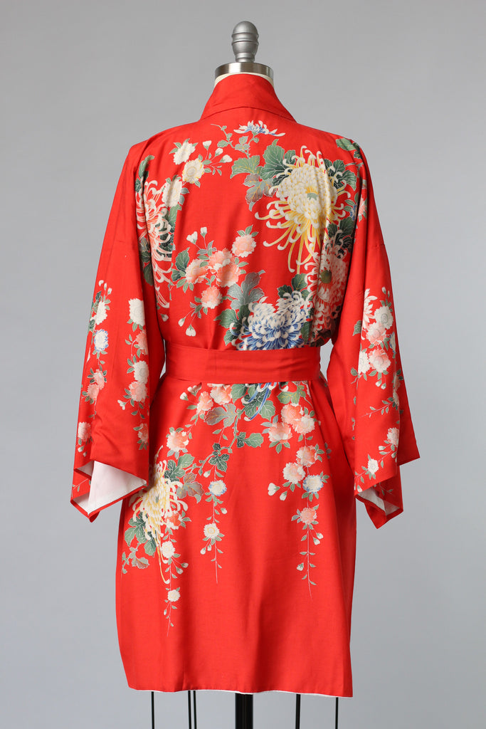 1940s Red Japanese Silk Robe with Edo Period Block Print